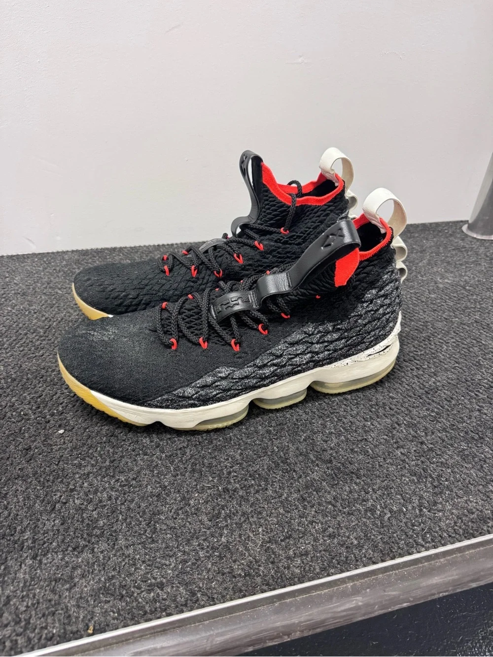 LeBron 15 ‘Bright Crimson High-Top Sneakers with Red Accents and Gum Sole